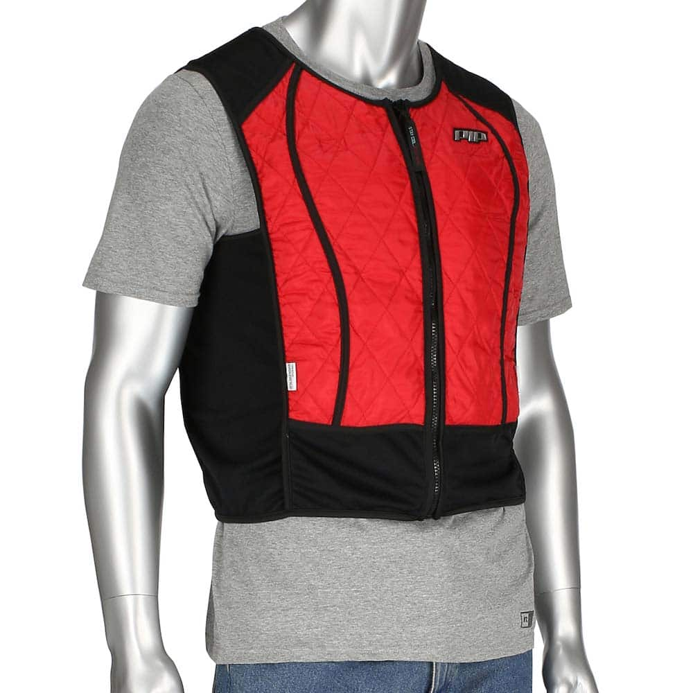 Cooling Vests; Cooling Type: Evaporating; Phase Change; Activation Method: Chill Cooling Inserts Until White and Rigid; Size: Medium; Color: Red and Black; Color Properties: NonReflective; Maximum Cooling Time (Hours): 3; Includes: Cooler Bag; Closure: Zi