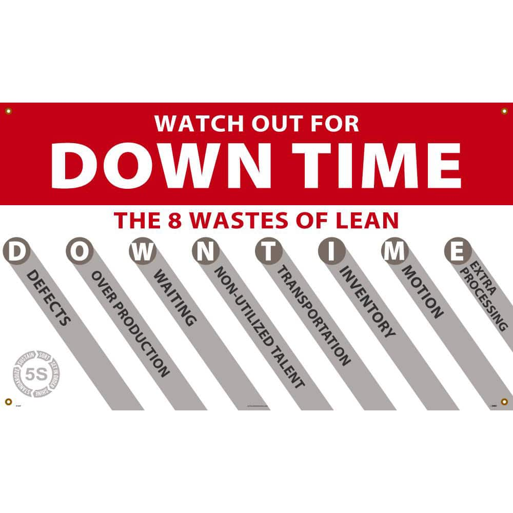 NMC - Banners; Message Type: Lean ; Legend: WATCH OUT FOR DOWN TIME, THE 8 WASTES OF LEAN ; Graphic: 5s ; Material Type: Vinyl ; Language: English ; Length (Inch): 60 - Exact Industrial Supply