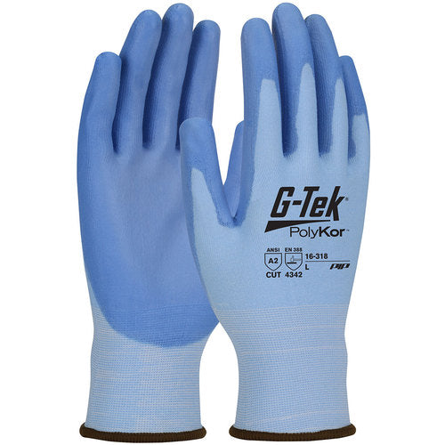 ‎16-318/L Seamless Knit Glove - G-Tek PolyKor - Blue 18G Seamless Knit - Blue PU Smooth Grip - A2 - Exact Industrial Supply