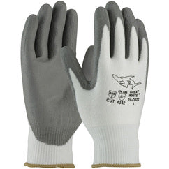 16-D622/L Coated Gloves w/Polykor - G-Tek PolyKor - White 13G Blended Shell - Gray PU Coating - ANSI A2 - Benchmark Tooling
