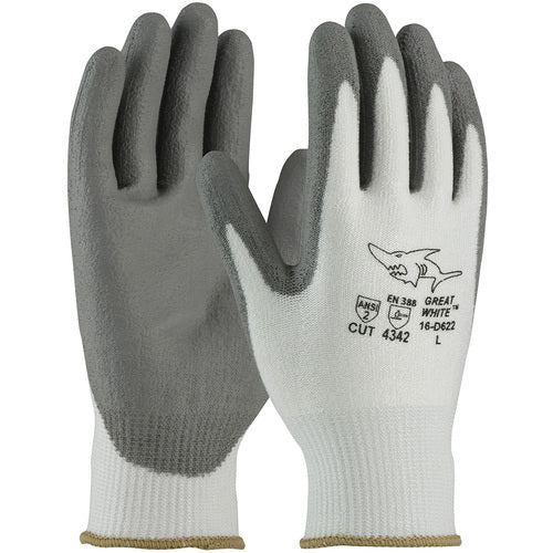 16-D622/S Coated Gloves w/Polykor - G-Tek PolyKor - White 13G Blended Shell - Gray PU Coating - ANSI A2 - Exact Industrial Supply