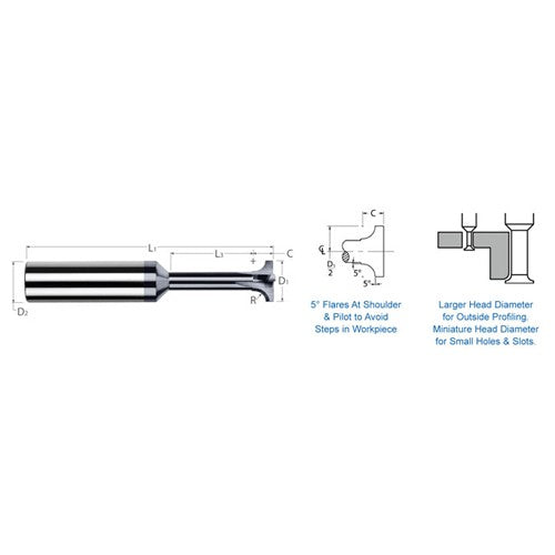 Corner Rounding End Mills - 0.0600″ Radius × 0.3125″ (5/16″) Head Diameter × 0.8750″ (7/8″) Neck Length Carbide 5° Flare Back Corner Rounding End Mill, 3 Flutes, AlTiN Coated - Exact Industrial Supply