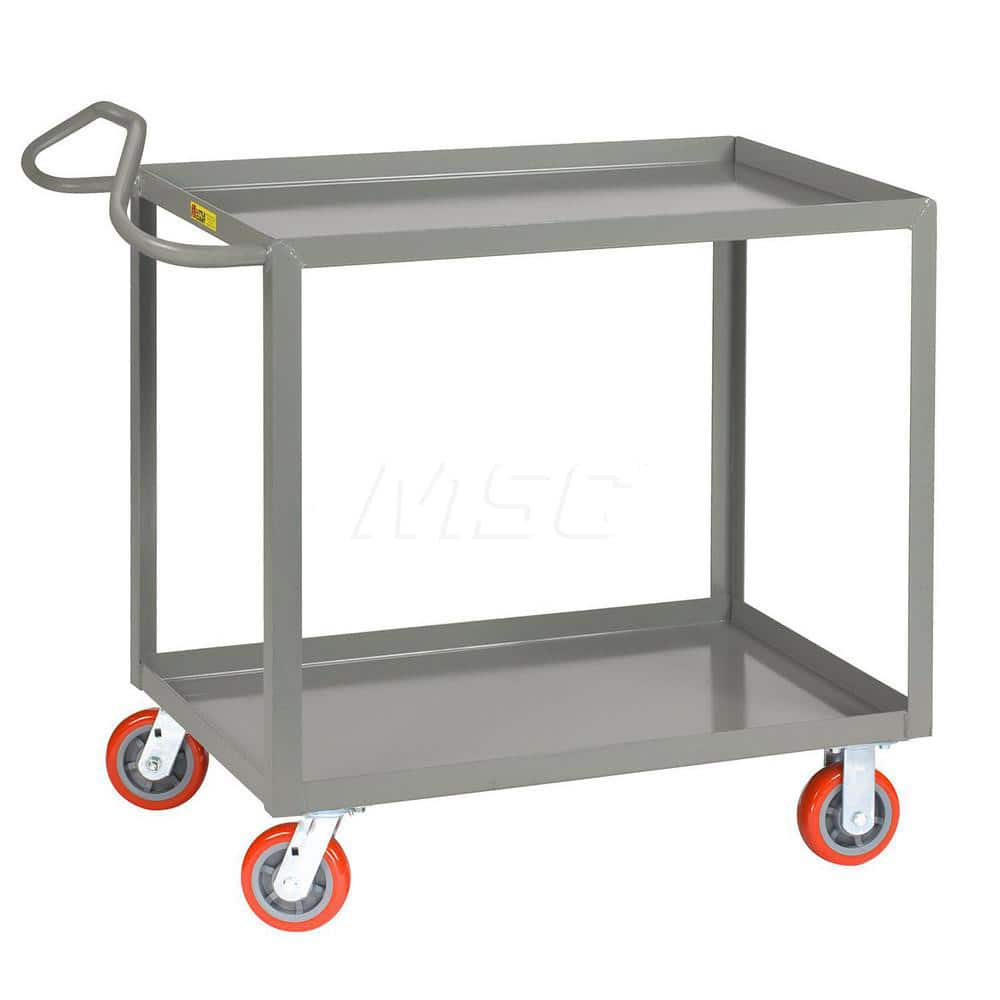 Shelf Utility Cart: 65.5″ OAL, 30″ OAW, 36.5″ OAH, Steel, Gray (2) Swivel & (2) Rigid, Replaceable Wheels, Polyurethane Wheels