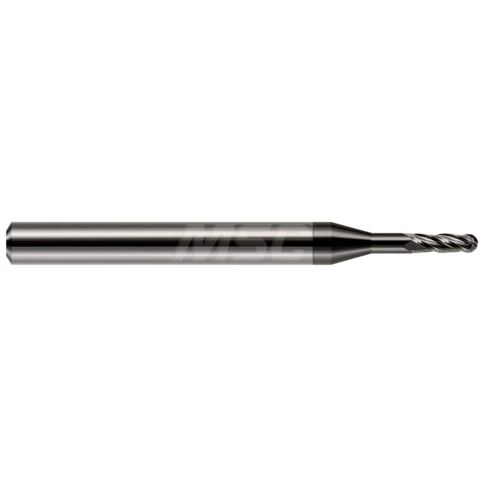 Ball End Mill: 0.031″ Dia, 0.093″ LOC, 4 Flute, Solid Carbide 1-1/2″ OAL, 1/8″ Shank Dia, 30 ° Helix, Amorphous Diamond Coated, Single End