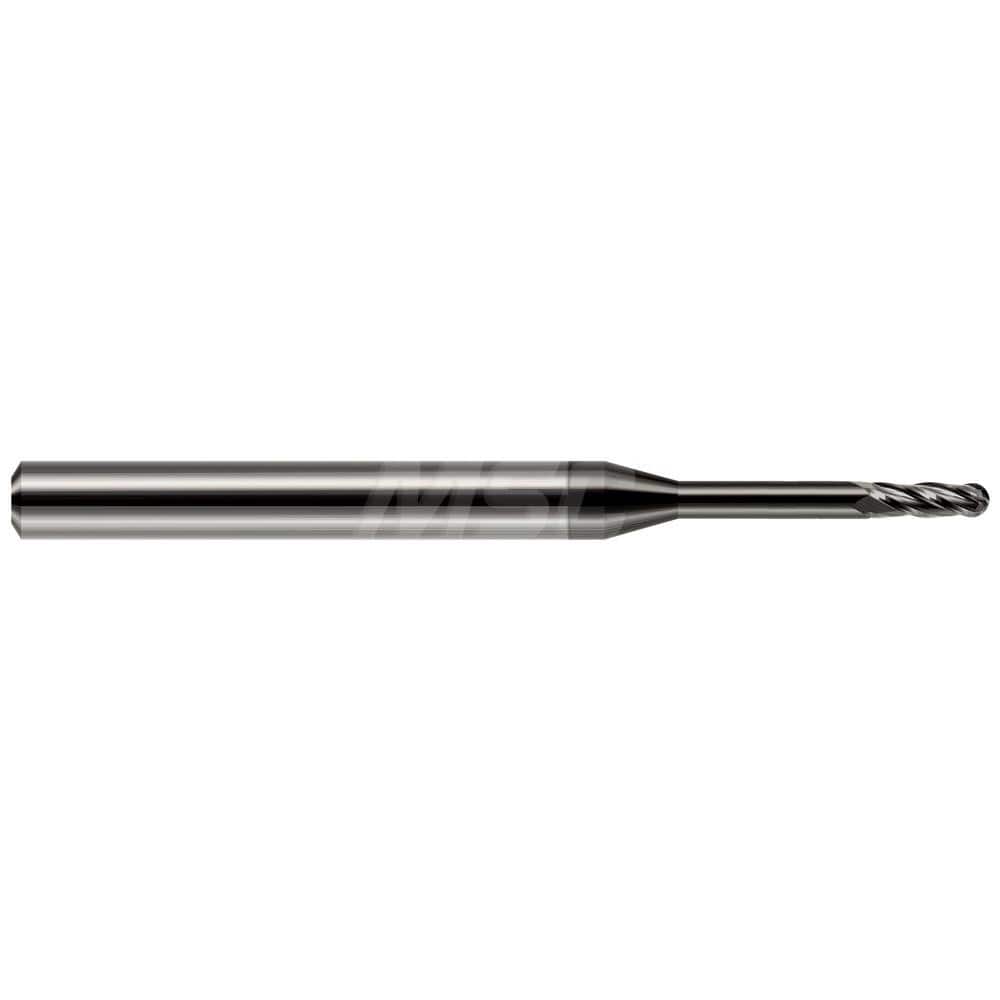 Ball End Mill: 0.062″ Dia, 0.186″ LOC, 4 Flute, Solid Carbide 1-1/2″ OAL, 1/8″ Shank Dia, 30 ° Helix, Amorphous Diamond Coated, Single End