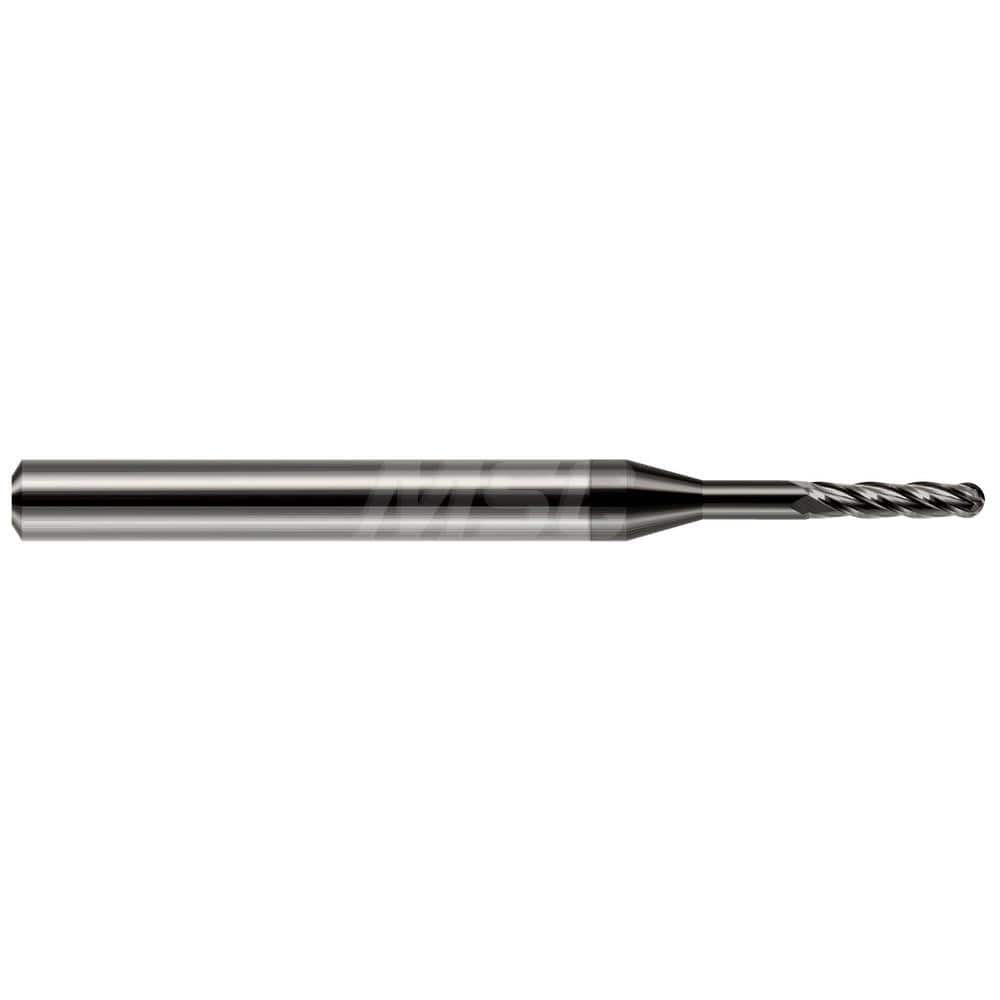 Ball End Mill: 0.093″ Dia, 0.279″ LOC, 4 Flute, Solid Carbide 1-1/2″ OAL, 1/8″ Shank Dia, 30 ° Helix, Amorphous Diamond Coated, Single End