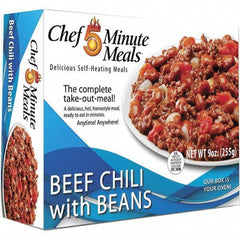 Chef Minute Meals - Emergency Preparedness Supplies Type: Ready-to-Eat Beef Chili Meal Contents/Features: Heater Pad & Activator Solution; Cutlery Kit w/Utensils, Salt & Pepper Packets; 9-oz Entr e - Benchmark Tooling