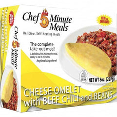 Chef Minute Meals - Emergency Preparedness Supplies Type: Ready-to-Eat Omelette and Chili Meal Contents/Features: Heater Pad & Activator Solution; Cutlery Kit w/Utensils, Salt & Pepper Packets; 9-oz Entr e - Benchmark Tooling