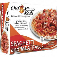 Chef Minute Meals - Emergency Preparedness Supplies Type: Ready-to-Eat Spaghetti and Meat Ball Meal Contents/Features: Heater Pad & Activator Solution; Cutlery Kit w/Utensils, Salt & Pepper Packets; 9-oz Entr e - Benchmark Tooling