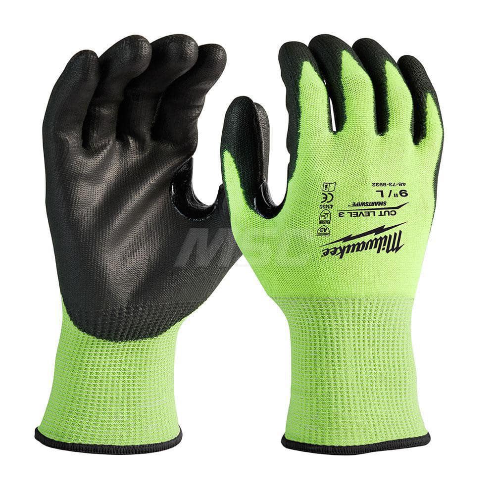 Cut, Puncture & Abrasive-Resistant Gloves: Size L, ANSI Cut A3, ANSI Puncture 0, Nitrile, Polyurethane High-Visibility Yellow, Palm & Fingers Coated, Polyester Lined, Polyurethane Back, Smooth Grip, ANSI Abrasion 0