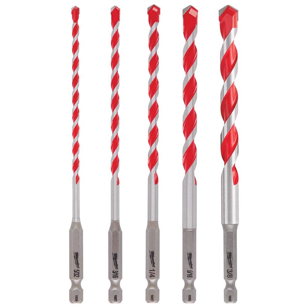 Drill Bit Set: Hammer Drill Bits, 5 Pc, 135 °, Carbide Tipped Bright, Standard, Round with Flats Shank