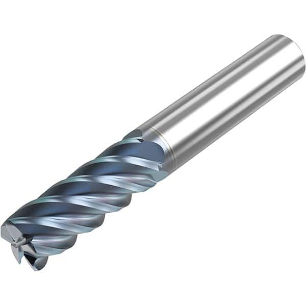 Corner Radius End Mill: 3/4″ Dia, 1-5/8″ LOC, 0.03″ Radius, 5 Flutes, Solid Carbide 4″ OAL, 3/4″ Shank Dia, 45 ° Helix, HTA Coated, Corner Radius End, Centercutting, Series S545