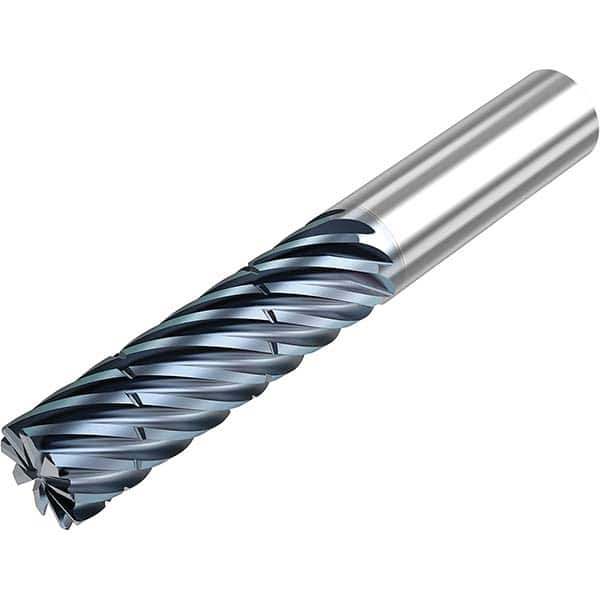 Corner Radius End Mill: 3/4″ Dia, 2-1/2″ LOC, 0.03″ Radius, 9 Flutes, Solid Carbide 5″ OAL, 3/4″ Shank Dia, 38 ° Helix, HTA Coated, Corner Radius End, Series SCS938R