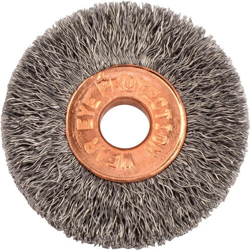 1-1/4″ Small Diameter Crimped Wire Wheel, .008″ Stainless Steel Fill, 1/4″ Arbor Hole - Benchmark Tooling