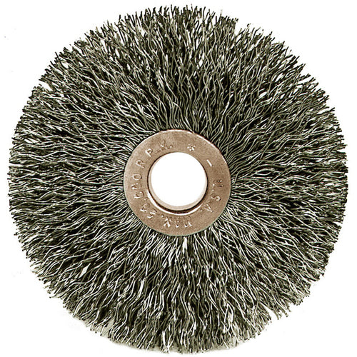 ‎1-1/2″ Small Diameter Crimped Wire Wheel, .005″ Stainless Steel Fill, 3/8″ Arbor Hole - Benchmark Tooling