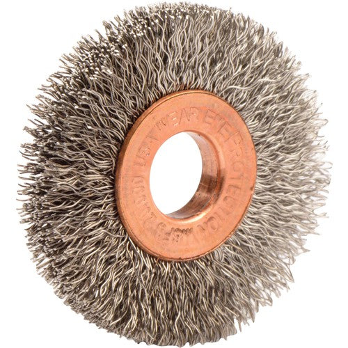 1-1/2″ Small Diameter Crimped Wire Wheel, .008″ Stainless Steel Fill, 3/8″ Arbor Hole - Benchmark Tooling