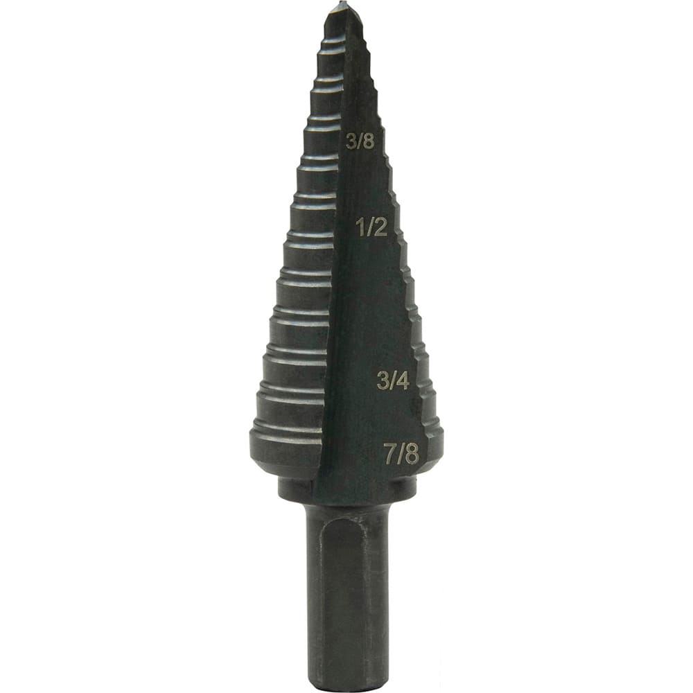 Greenlee - Step Drill Bits; Minimum Hole Diameter (Inch): 3/16 ; Maximum Hole Diameter (Inch): 7/8 ; Drill Bit Material: Steel ; Drill Bit Finish/Coating: Steam Oxide ; Number of Hole Sizes: 12 ; Shank Type: 3-Flat