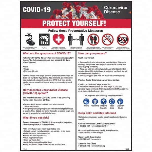 NMC - "COVID-19 - PROTECT YOURSELF!", 18" Wide x 24" High, Pressure-Sensitive Vinyl Safety Sign - Benchmark Tooling