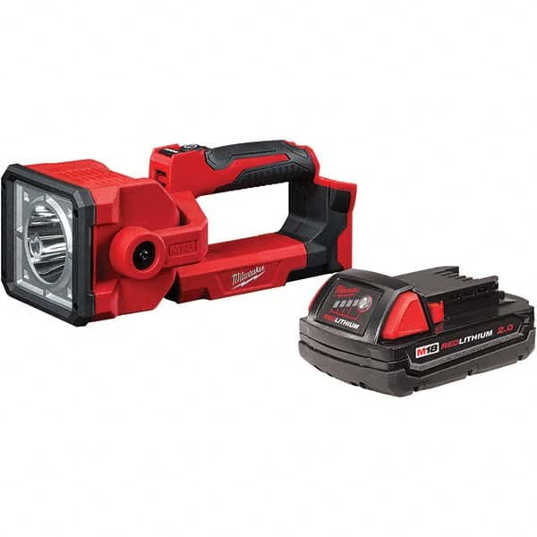 Milwaukee Tool - Cordless Work Lights; Voltage: 18 ; Run Time: 7 hrs ; Lumens: 1250 ; Color: Red ; Special Item Information: Li-Ion Battery - Exact Industrial Supply