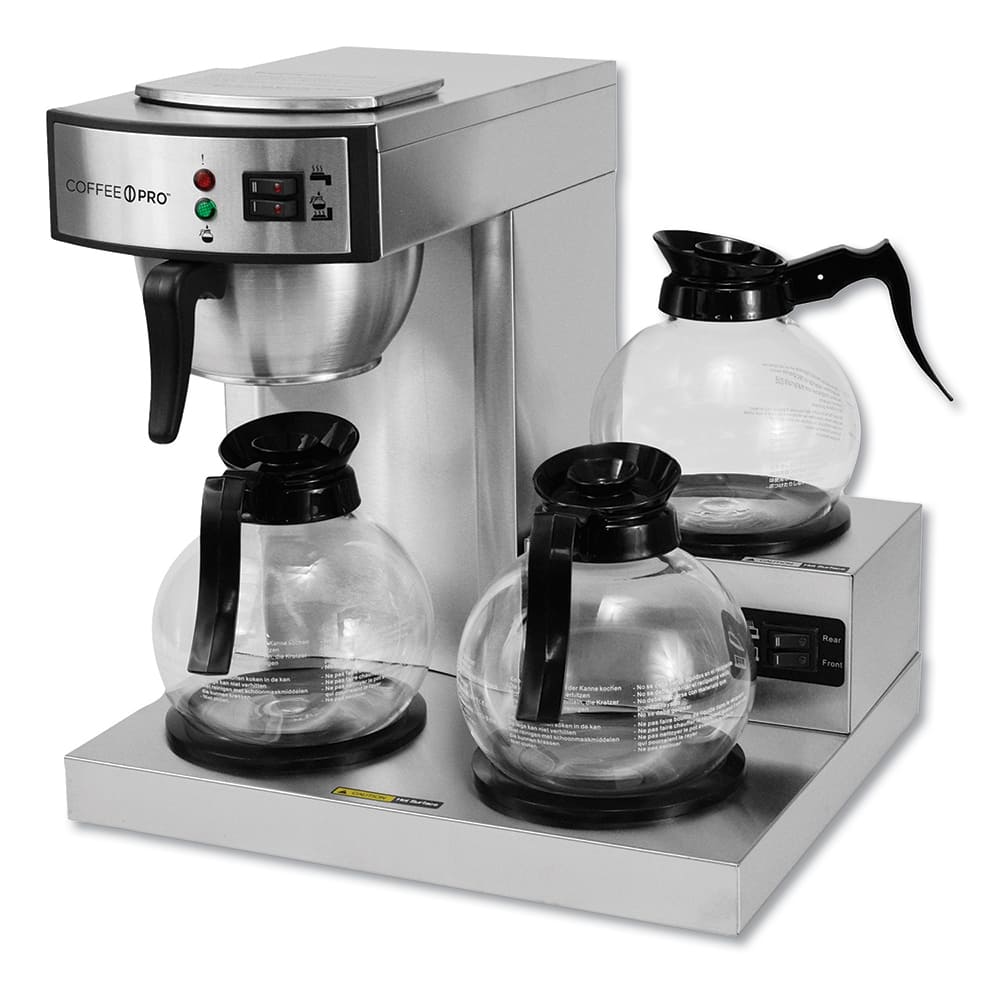 Coffee Pro - Coffee Makers; Coffee Maker Type: 36-Cup Commerical Drip Coffee Maker ; For Use With: Coffee ; Color: Stainless Steel ; Special Item Information: 3 Burners; 3 Warmers - Exact Industrial Supply