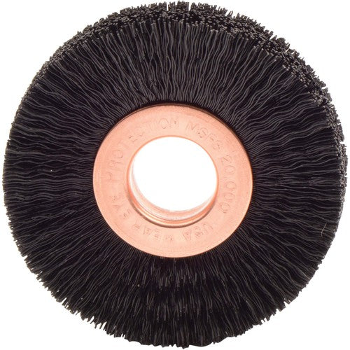 2″ Small Diameter Nylon Wheel Brush, .010″ Crimped Black Fill, 1/2″ Arbor Hole - Benchmark Tooling