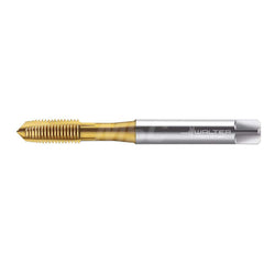 Spiral Point Tap: #6-40, UNF & DIN 371, 3 Flutes, Plug, 2B, HSS-E, TiN Finish 11 mm Thread Length, 55 mm OAL, Right Hand, Series TC216