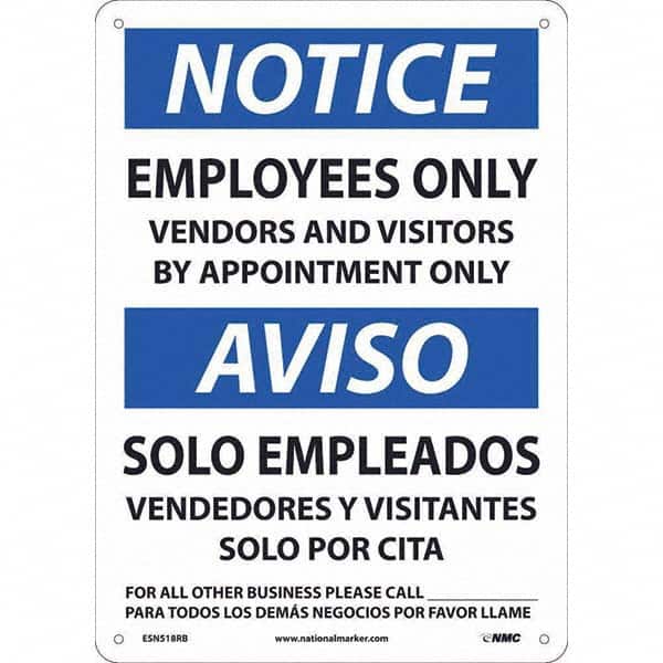 NMC - "Notice - Employees Only Vendors And Visitors By Appointment Only", 10" Wide x 14" High, Rigid Plastic Safety Sign - Benchmark Tooling