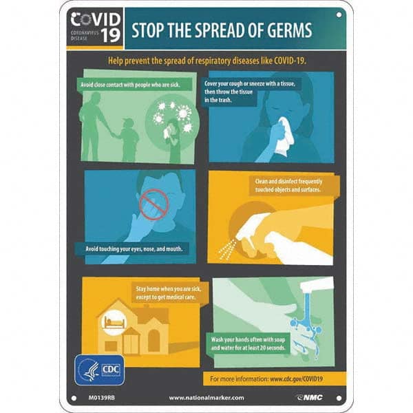 NMC - "COVID-19 - STOP THE SPREAD OF GERMS", 10" Wide x 14" High, Rigid Plastic Safety Sign - Benchmark Tooling