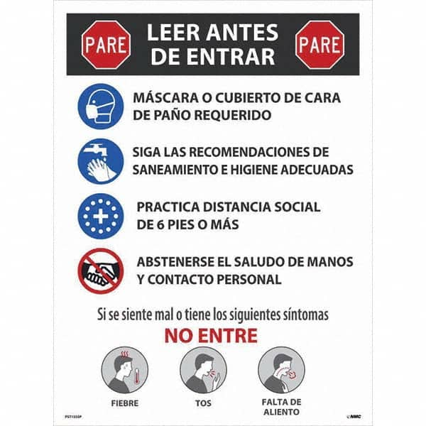 NMC - "COVID-19 - PARE - Leer Antes De Entrar", 18" Wide x 24" High, Paper Safety Sign - Benchmark Tooling