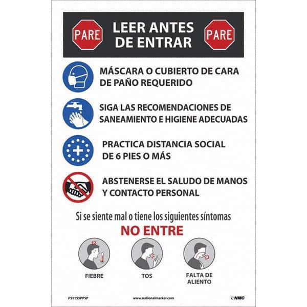 NMC - "COVID-19 - PARE - Leer Antes De Entrar", 12" Wide x 18" High, Paper Safety Sign - Benchmark Tooling