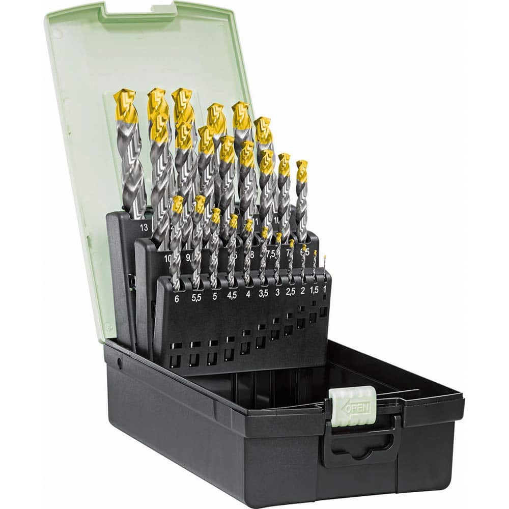 Drill Bit Set: Jobber Length Drill Bits, 25 Pc, 1″ to 13″ Drill Bit Size, 118 °, High Speed Steel TiN, Standard, Round Shank