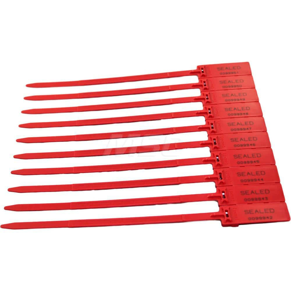 Security Seals; Type: Security Seal; Tamper-Evident Plastic Seal; Overall Length (Decimal Inch): 13.50; 13.50000; Operating Length: 11; 11 in; Breaking Strength: 112.000; Material: Polypropylene; Plastic; Color: Red; Various; Breaking Strength (Kgs): 51.0