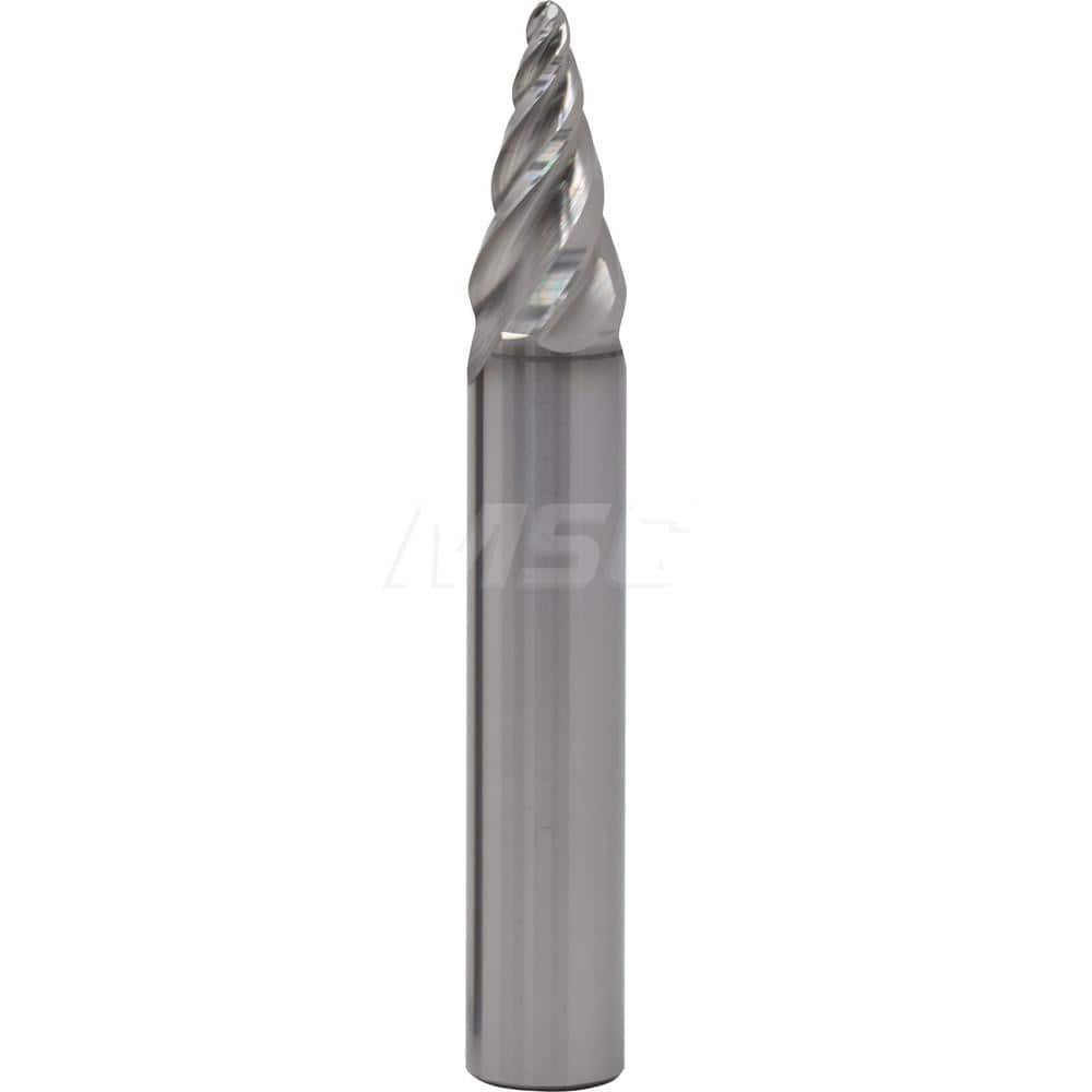 Barrel Cutter End Mills; End Type: Circle Segment Taper Form; Material: Solid Carbide; Taper Angle Per Side: 12.50; Small End Diameter (mm): 3.00; Shank Diameter (mm): 16.0000; Length of Cut (mm): 27.5000; Number of Flutes: 4; Helix Angle: 20.00; Finish/C