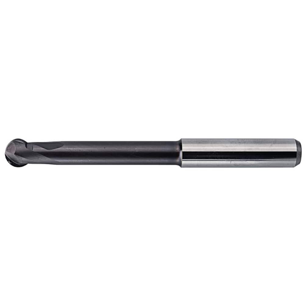 Ball End Mill: 0.3937″ Dia, 0.1969″ LOC, 2 Flute, Solid Carbide 100 mm OAL, 10 mm Shank Dia, 30 ° Helix, AlTiN Coated, Single End