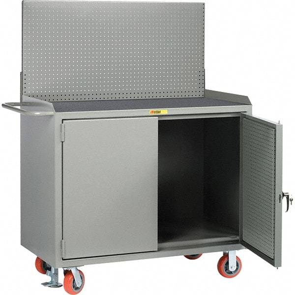 Little Giant - 3,600 Lb Capacity, 2 Shelf, 2 Door Mobile Bench Cabinet with Pegboard Panel Doors - 41" Wide x 24" Deep x 43" High, Steel, Gray - Benchmark Tooling