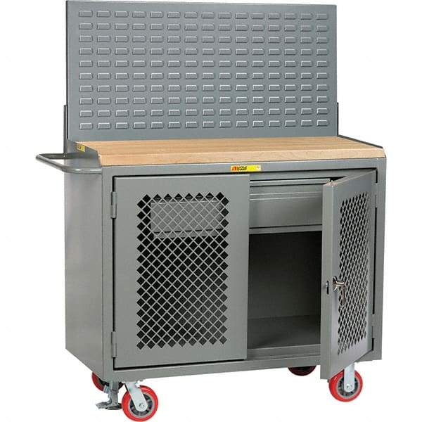 Little Giant - 3,600 Lb Capacity, 2 Shelf, 1 Drawer, 2 Door Mobile Bench Cabinet with Louvered Panel - 41" Wide x 24" Deep x 43" High, Steel, Gray - Benchmark Tooling