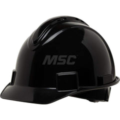 Hard Hat: Impact Resistant, Short Brim, Class C, 4-Point Suspension Black, HDPE, Vented