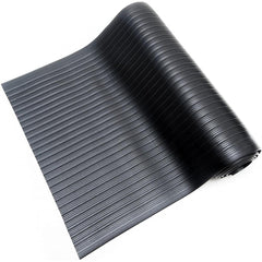 Anti-Fatigue Mat: 5' Length, 3' Wide, 3/8″ Thick, Vinyl, Beveled Edge, Light-Duty Ribbed, Black, Dry