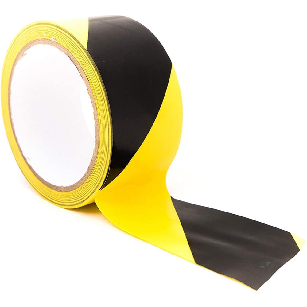 Floor & Aisle Marking Tape: 2″ Wide, 6.5 mil Thick, Rubber Black & Yellow, Smooth Surface, Light-Duty