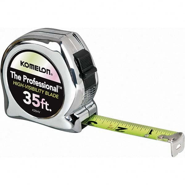 Tape Measure: 35' Long, 1″ Width, High-Visibility Yellow & White Blade 1/16″ Graduation, Inch Graduation