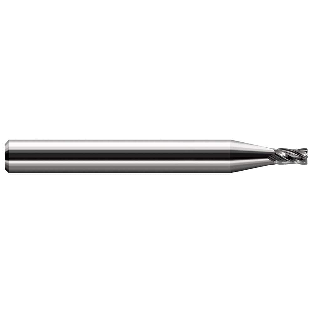 Corner Radius End Mill: 0.09″ Dia, 0.135″ LOC, 0.02″ Radius, 4 Flutes, Solid Carbide 1-1/2″ OAL, 1/8″ Shank Dia, 30 ° Helix, Bright/Uncoated, Corner Radius End