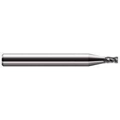 Corner Radius End Mill: 0.09″ Dia, 0.135″ LOC, 0.02″ Radius, 4 Flutes, Solid Carbide 1-1/2″ OAL, 1/8″ Shank Dia, 30 ° Helix, Bright/Uncoated, Corner Radius End