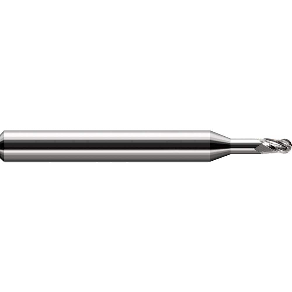 Ball End Mill: 0.031″ Dia, 0.047″ LOC, 3 Flute, Solid Carbide 2-1/2″ OAL, 1/8″ Shank Dia, 30 ° Helix, Uncoated, Single End