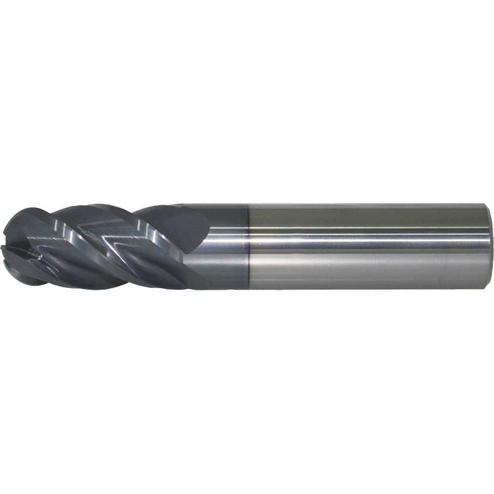 Ball End Mill: 0.1563″ Dia, 0.5″ LOC, 4 Flute, Solid Carbide 2″ OAL, 3/16″ Shank Dia, 40 ° Helix, AlTiN Coated, Single End