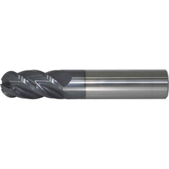 Ball End Mill: 0.1875″ Dia, 0.375″ LOC, 4 Flute, Solid Carbide 2″ OAL, 3/16″ Shank Dia, 40 ° Helix, AlTiN Coated, Single End