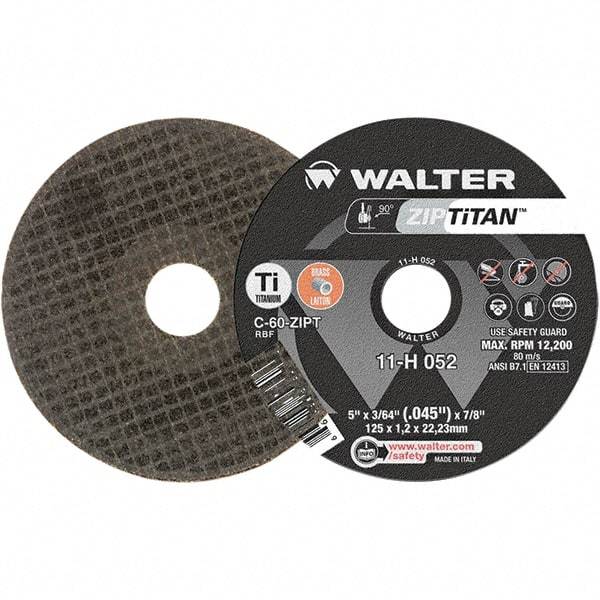 WALTER Surface Technologies - 5" Aluminum Oxide Cutoff Wheel - 3/64" Thick, 7/8" Arbor, 12,200 Max RPM, Use with Die Grinders - Benchmark Tooling