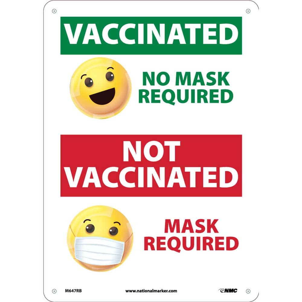 NMC - Safety Signs; Message Type: COVID-19 ; Message or Graphic: Message & Graphic ; Sign Header: COVID-19 ; Legend: EMOJIS, VACCINATED NO MASK REQUIRED, NOT VACCINATED MASK REQUIRED ; Language: English ; Material: Plastic - Exact Industrial Supply