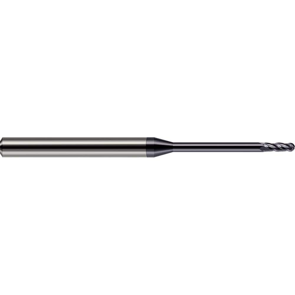 Ball End Mill: 0.06″ Dia, 0.18″ LOC, 4 Flute, Solid Carbide 2″ OAL, 1/8″ Shank Dia, 30 ° Helix, AlTiN Coated, Single End