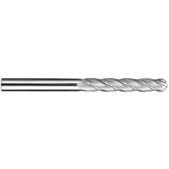 14 mm Dia. × 14 mm Shank × 75 mm DOC × 150 mm OAL, Carbide TiN, Spiral , 4 Flute, 30° Helix, Ballnose End Mill - Exact Industrial Supply