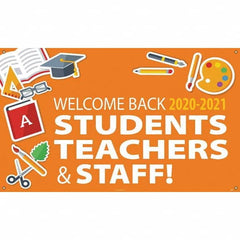 Banners; Message Type: Safety Reinforcement & Motivational; Legend: Welcome Back Students, Teachers & Staff!; Graphic: School Supplies; Material Type: Vinyl; Language: English; Length (Inch): 60 in; Height (Inch): 36; Number of Grommets: 4; Number of Prin